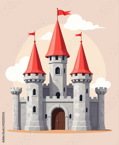 Cartoon castle with red peaked roofs, white clouds