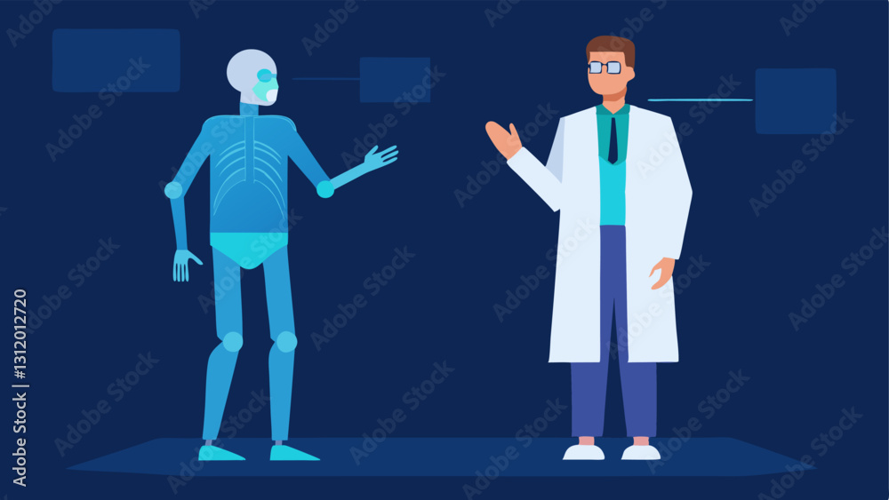 Virtual Reality Consultation A doctor in a lab coat discusses a holographic fullbody representation of the patients anatomy highlighting areas of concern. Virtual Reality Consultation A doctor in a lab coat discusses a holographic fullbody representation of the patients anatomy highlighting areas of concern.