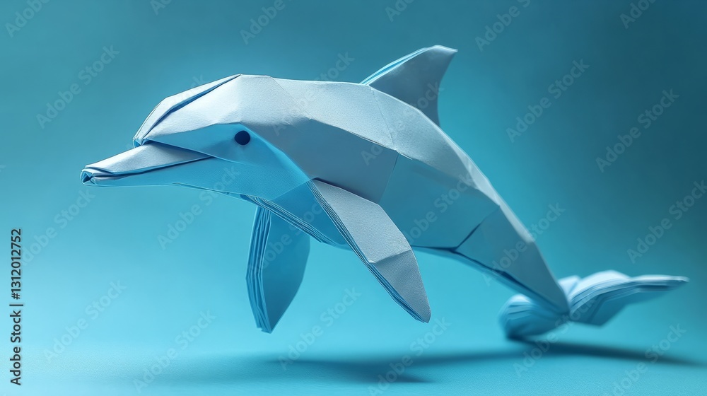 Obraz premium 3D origami dolphin, sleek and smooth folds, ocean blue background 