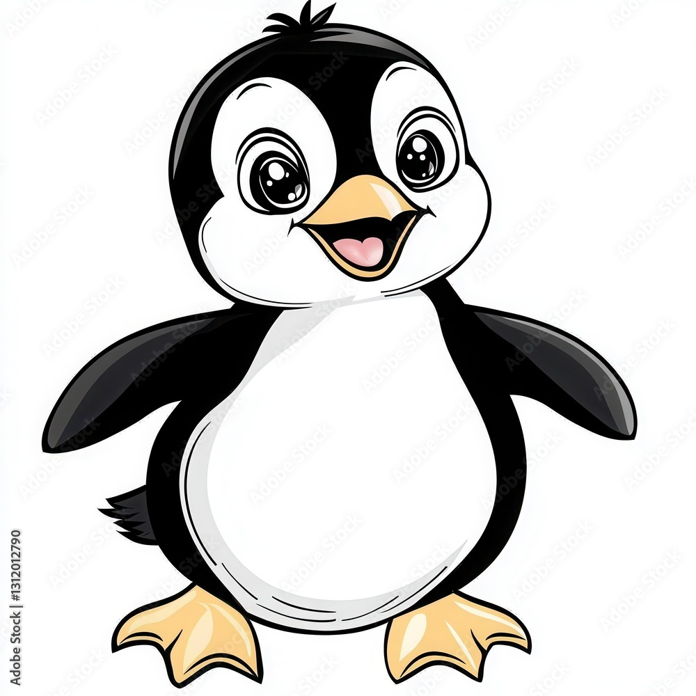 Fototapeta premium Cute cartoon penguin character with a big smile, featuring a classic black and white color scheme.