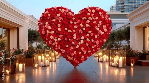 Heart-Shaped Arrangement of Red and White Roses Surrounded by Romantic Lanterns at Dusk