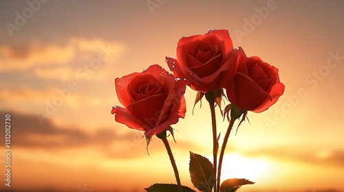 Three Vibrant Red Roses Against a Sunset Sky with Soft Golden Light and Dewy Petals