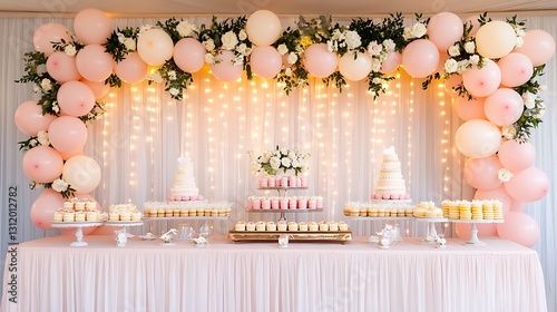 Elegant Dessert Table Decorated with Balloons, Flowers, and Twinkling Fairy Lights
