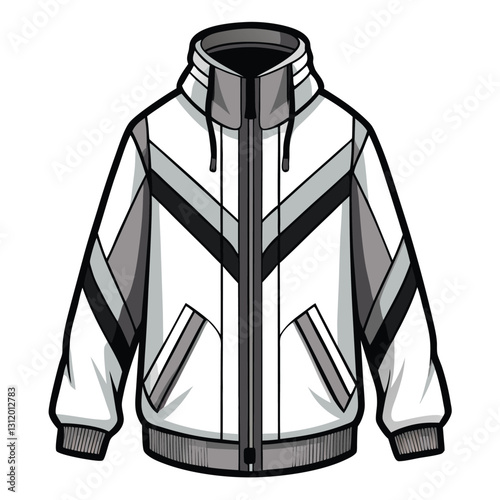 Create a clean, modern vector illustration of a white windbreaker jacket, showcasing its details and texture.  Include realistic folds and creases.