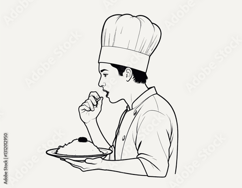 Chef tasting food with chef's hat and plate in black and white