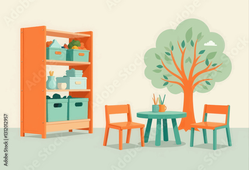 Child's Play Area: Orange Furniture, Tree Wall Art