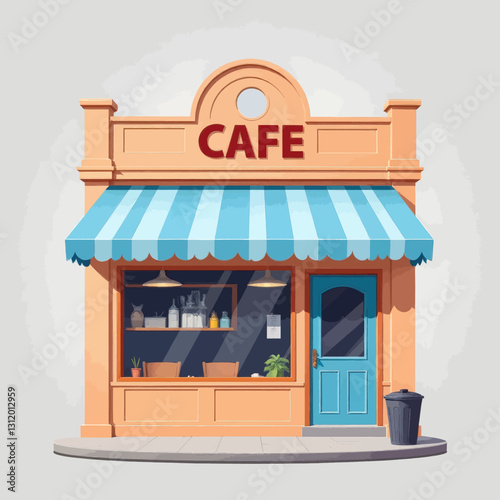 Cartoon cafe with blue striped awning and sign