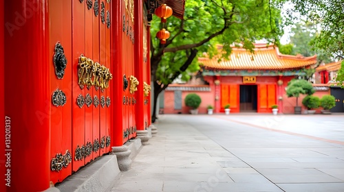 Vibrant Red Doors in Eastern Temple Setting Surrounded by Lush Greenery and Traditional Architecture