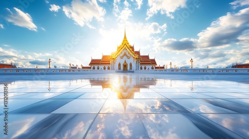 Stunning Sunset Reflection Over Majestic Temple with Golden Roof and Dramatic Cloudscape