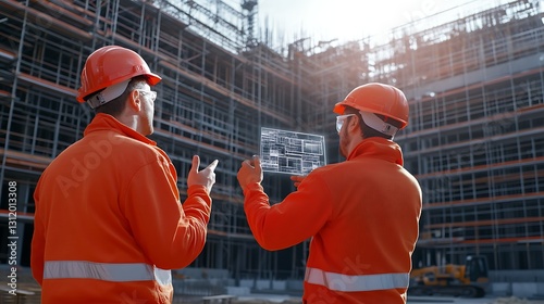 Construction Workers Review Building Plans on Site Amidst Scaffolding and Under Construction Area