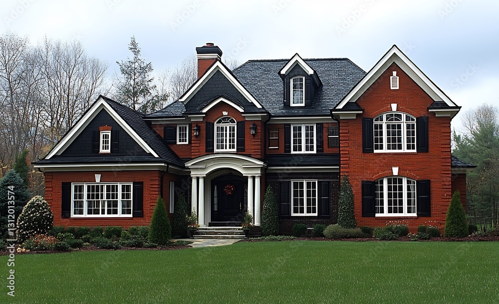 Obraz premium Grand Red Brick Mansion with Black Accents