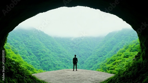 Man Standing at Cliff Overlooking Foggy Green Valley Surrounded by Lush Mountains and Nature