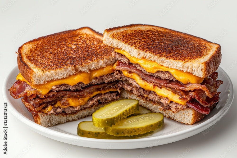 Indulge in a culinary masterpiece with this delectable grilled cheese burger, featuring juicy layers of seasoned ground beef, crispy bacon strips, melted cheddar cheese, and tangy pickles, all Indulge in a culinary masterpiece with this delectable grilled cheese burger, featuring juicy layers of seasoned ground beef, crispy bacon strips, melted cheddar cheese, and tangy pickles, all