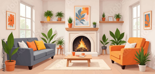 Cozy living room with fireplace and potted plants
