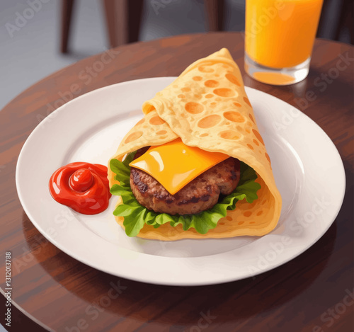Crepe-Wrapped Cheeseburger with Orange Juice on Plate