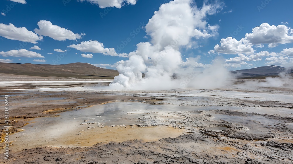 Geothermal landscape with erupting geyser