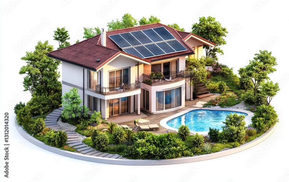 Single luxury villa with solar panels and a swimming pool, isolated on a white background Single luxury villa with solar panels and a swimming pool, isolated on a white background