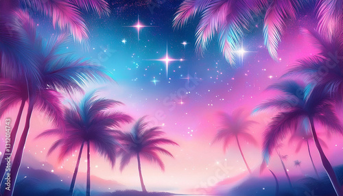 Fantasy pink, purple and blue colored background with shimmer and palmtrees giving it a cosy dreamy feeling