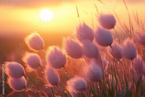 Soft pink flowers sway gently as the sun sets over a lush landscape, creating a serene evening atmosphere