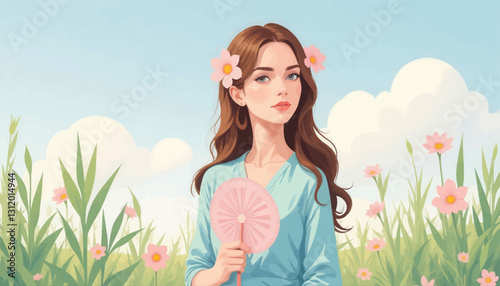 Elegant woman with flowers, holding a fan in a grassy field
