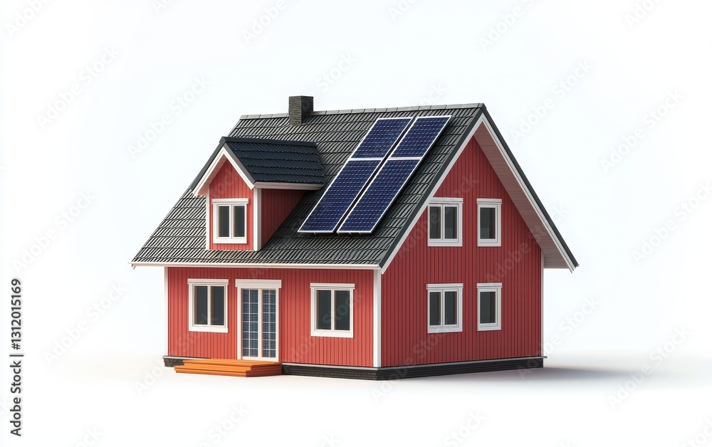 Single Scandinavian-style house with solar panels and an artistic asymmetrical design, isolated on a white background Single Scandinavian-style house with solar panels and an artistic asymmetrical design, isolated on a white background