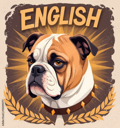 English Bulldog portrait with laurel wreath and spiked collar