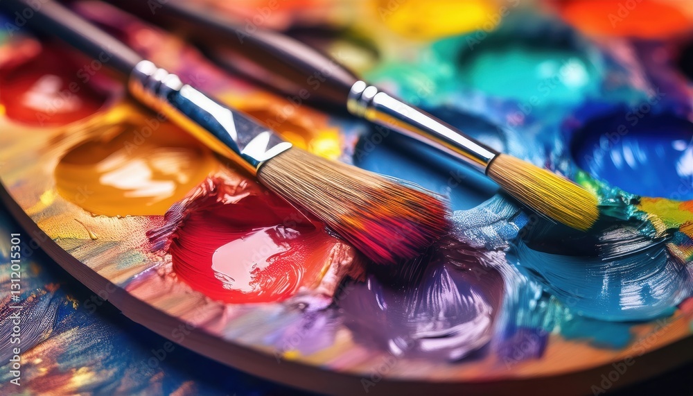 Fototapeta premium A vibrant display of colors invites creativity with brushes ready on a lively palette.