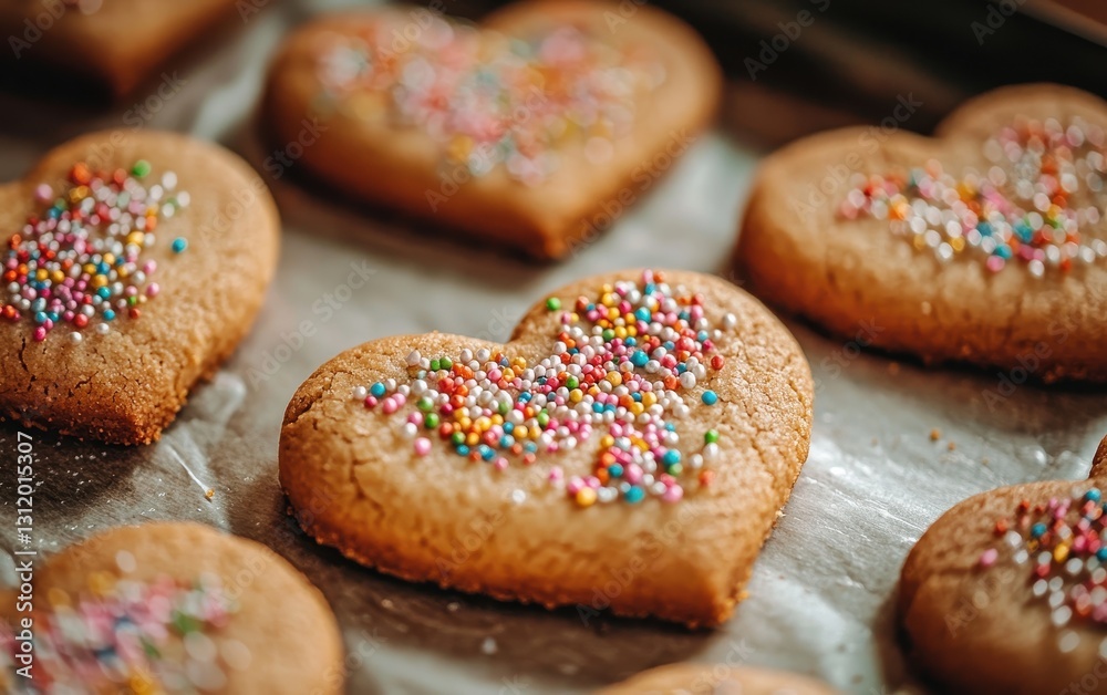 Heart-shaped cookies decorated with icing and sprinkles on a tray Heart-shaped cookies decorated with icing and sprinkles on a tray
