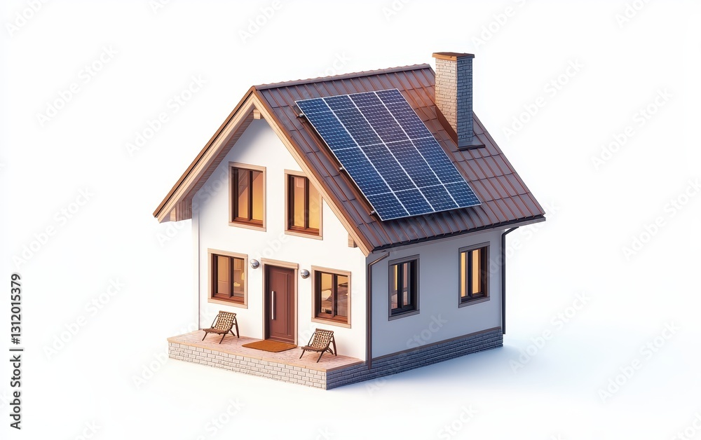 Single Scandinavian-style house with solar panels and warm ambient lighting, isolated on a white background