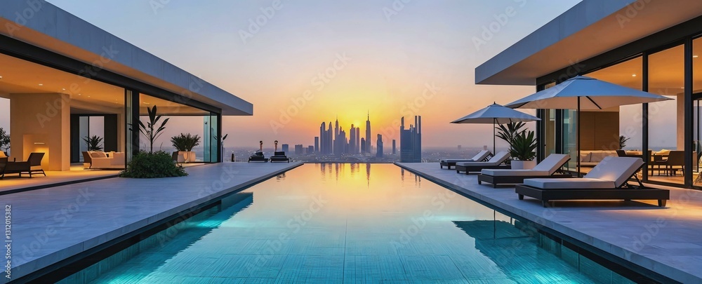 Obraz premium Luxurious modern villa with infinity pool overlooking Dubai skyline at sunset