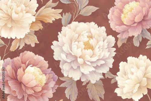 Seamless pattern with chrysanthemum and peony flowers on a brown background, vintage illustration