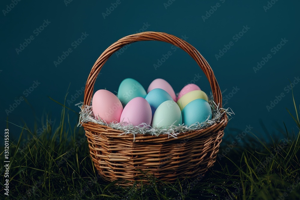 Pastel Easter Eggs in Wicker Basket on Green Grass Background Pastel Easter Eggs in Wicker Basket on Green Grass Background