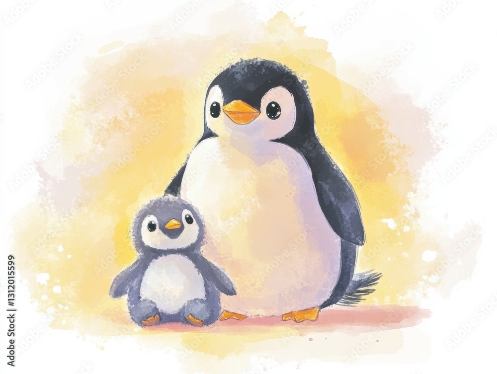 Naklejka premium Cute penguin family enjoying a warm moment together in a colorful setting