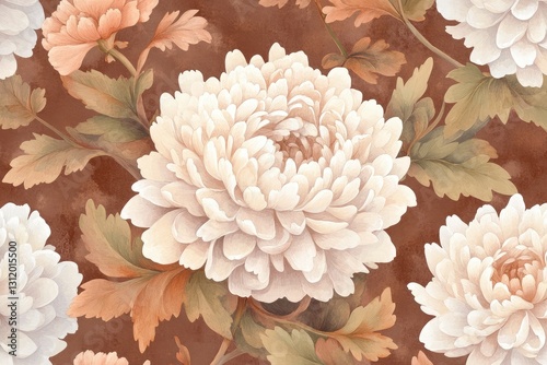 Seamless pattern with chrysanthemum and peony flowers on a brown background, vintage illustration