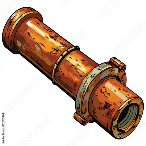 Create a highly detailed vector illustration of a rusted iron pipe, showcasing realistic texture, pitting, and discoloration.  Include dripping rust.