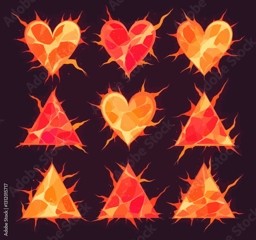 Fiery heart and triangle shapes mosaic pattern on dark background