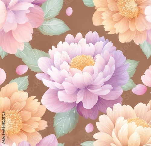 Seamless pattern with chrysanthemum and peony flowers on a brown background, vintage illustration