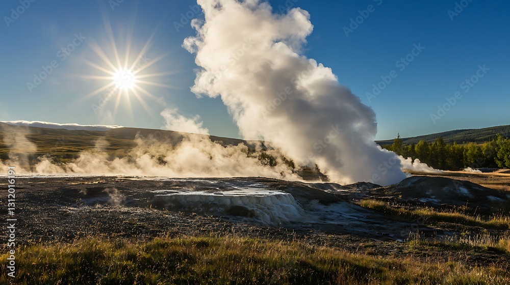 Geothermal vent erupting steam and vapor under a clear blue sky Geothermal vent erupting steam and vapor under a clear blue sky