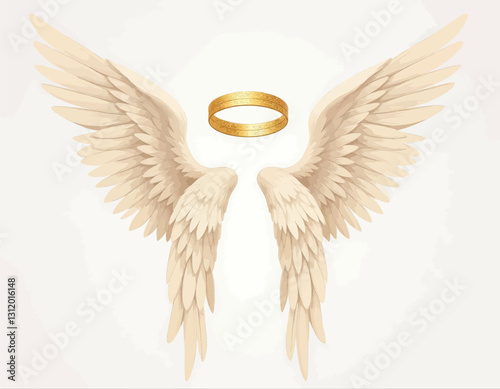 Feathery angel wings with halo gold icon