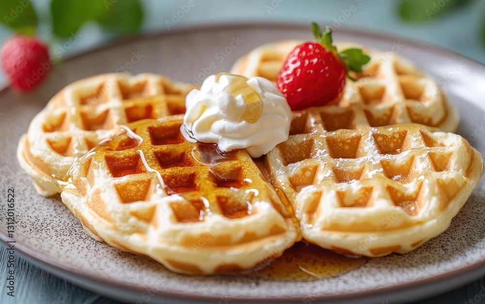 Heart-shaped waffles with syrup and a dollop of cream on top Heart-shaped waffles with syrup and a dollop of cream on top
