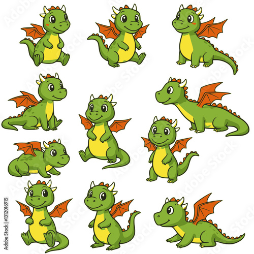 Cute cartoon dragon character with different poses. Set of dragons isolated on white background. Multilayer SVG file without gaps between paths.