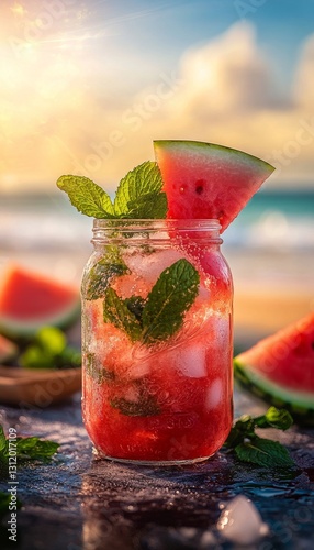 watermelon mojito in an artisan glass mason jar