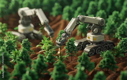 Robots planting and cultivating trees in a reforestation project using automated tools photo