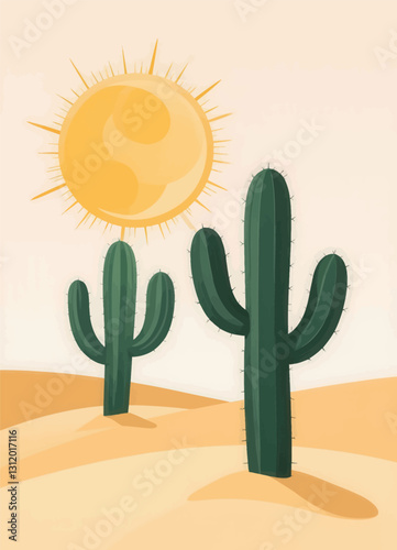 Graphic sun, cactuses in desert, tan and green hues
