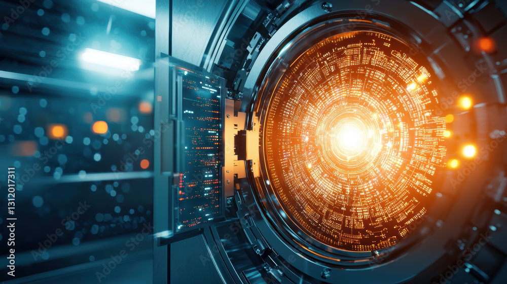 futuristic vault door opens to reveal glowing core, showcasing advanced technology and intricate designs