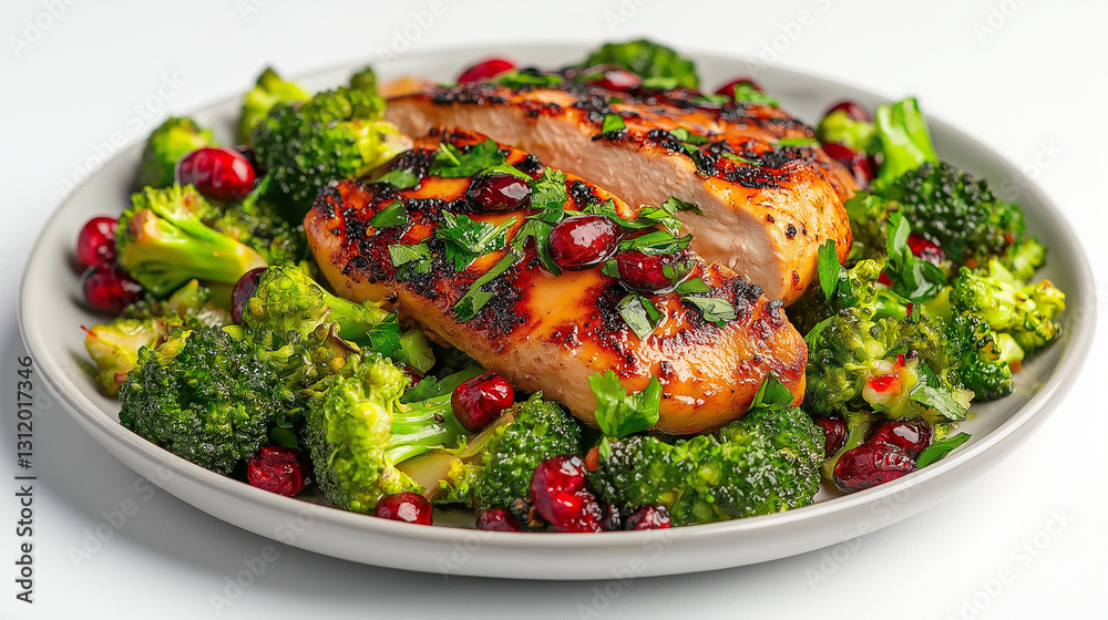 Culinary Delight: Grilled Chicken with broccoli and Cranberries: A mouthwatering shot of expertly grilled chicken breasts. Culinary Delight: Grilled Chicken with broccoli and Cranberries: A mouthwatering shot of expertly grilled chicken breasts.
