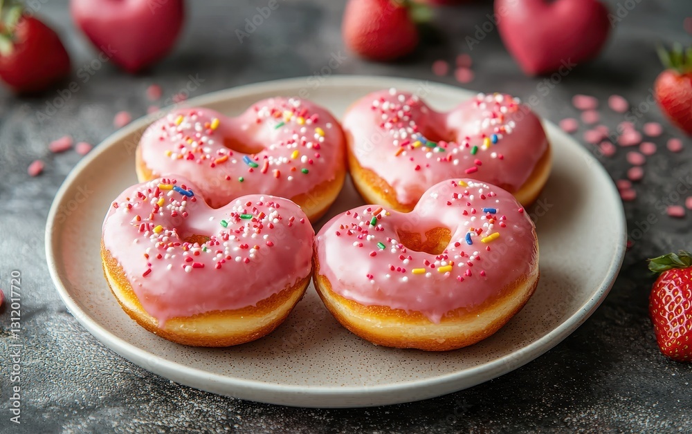Heart-shaped donuts with strawberry glaze and sprinkles on a plate Heart-shaped donuts with strawberry glaze and sprinkles on a plate