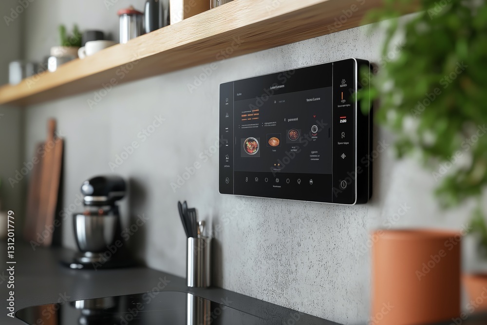 Fototapeta premium Wall-mounted smart kitchen hub with voice assistant and recipe display, surrounded by modern gadgets.