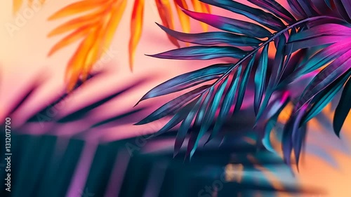 Vibrant tropical leaves in gradient colors create a visually striking background.