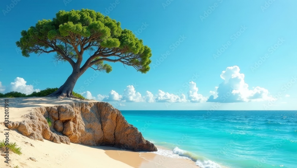 Serene Coastal Scene Lone Tree on Sandy Cliff Overlooking Tranquil Turquoise Ocean under a Bright Summer Sky Serene Coastal Scene Lone Tree on Sandy Cliff Overlooking Tranquil Turquoise Ocean under a Bright Summer Sky